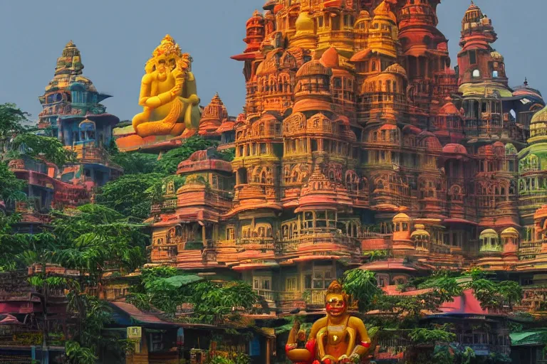 Prompt: dreamscape! mumbai with biomorphic hanuman!! head building, kalighat, octane highly detailed, cinematic smooth, stephen shore & john j. park, soft morning light, wide shot, high angle, uhd 8 k, deep focus