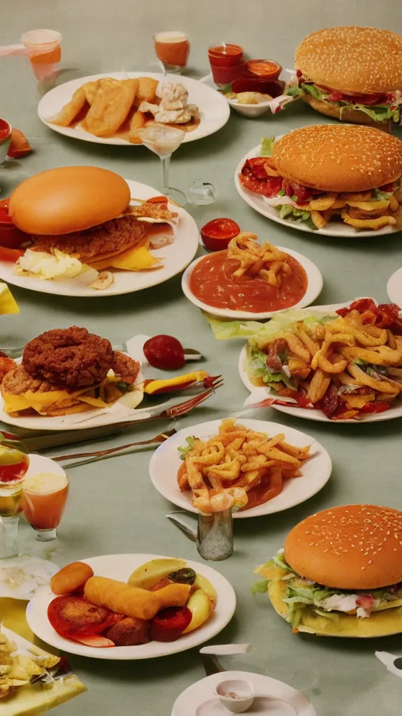 Image similar to 6 0 s food photography of a lavish spread of fast food from mcdonald's, on a velvet table cloth, soft focus