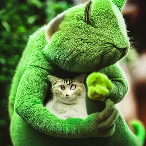 Image similar to photo of a cute green creature with a cat face and a caterpillar body