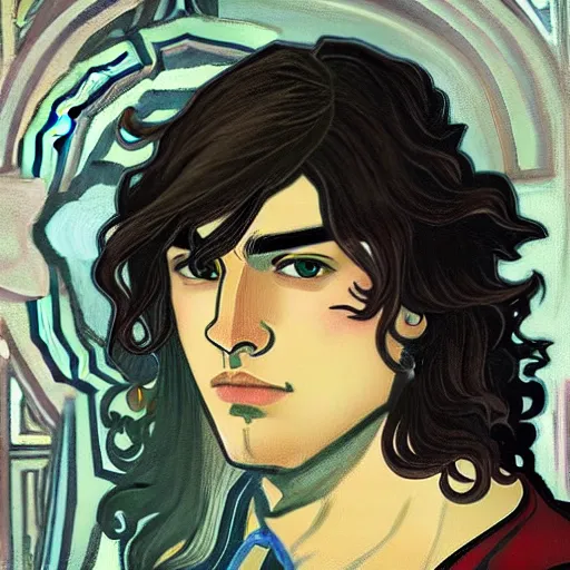 Image similar to painting of young handsome beautiful paladin elf! man with long wavy dark hair in his 2 0 s named shadow taehyung at the blueberry party, wearing armor!, elegant, clear, painting, stylized, delicate, soft facial features, art, art by alphonse mucha, vincent van gogh, egon schiele,