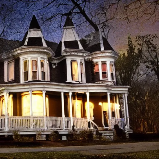 Image similar to exterior of haunted victorian house with ghosts