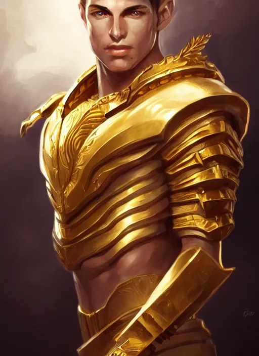 Image similar to the god hermes, gold armour, white skin, male, portrait, sharp focus, digital art, concept art, detailed, post processed, dynamic lighting, trending on artstation, by emylie boivin and rossdraws