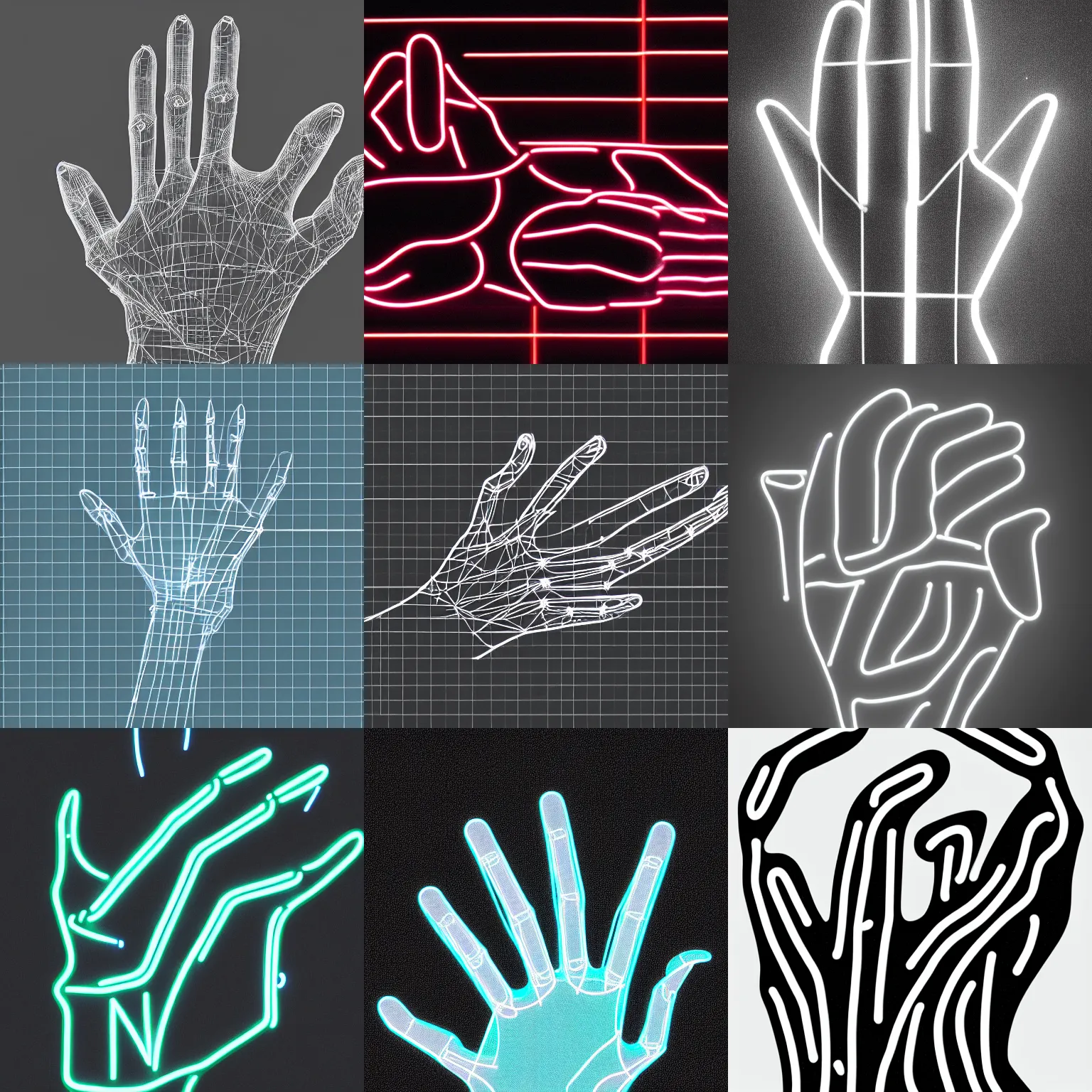 Prompt: A hand, Wireframe, neon, 70mm, Reflection lumen mapping