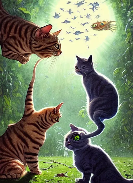 Image similar to a hyper realistic cat meeting an alien. and sunbeams blue sky, lush forest foliage painting by chiara bautista and norman rockwell and greg rutkowski weta studio, and lucasfilm