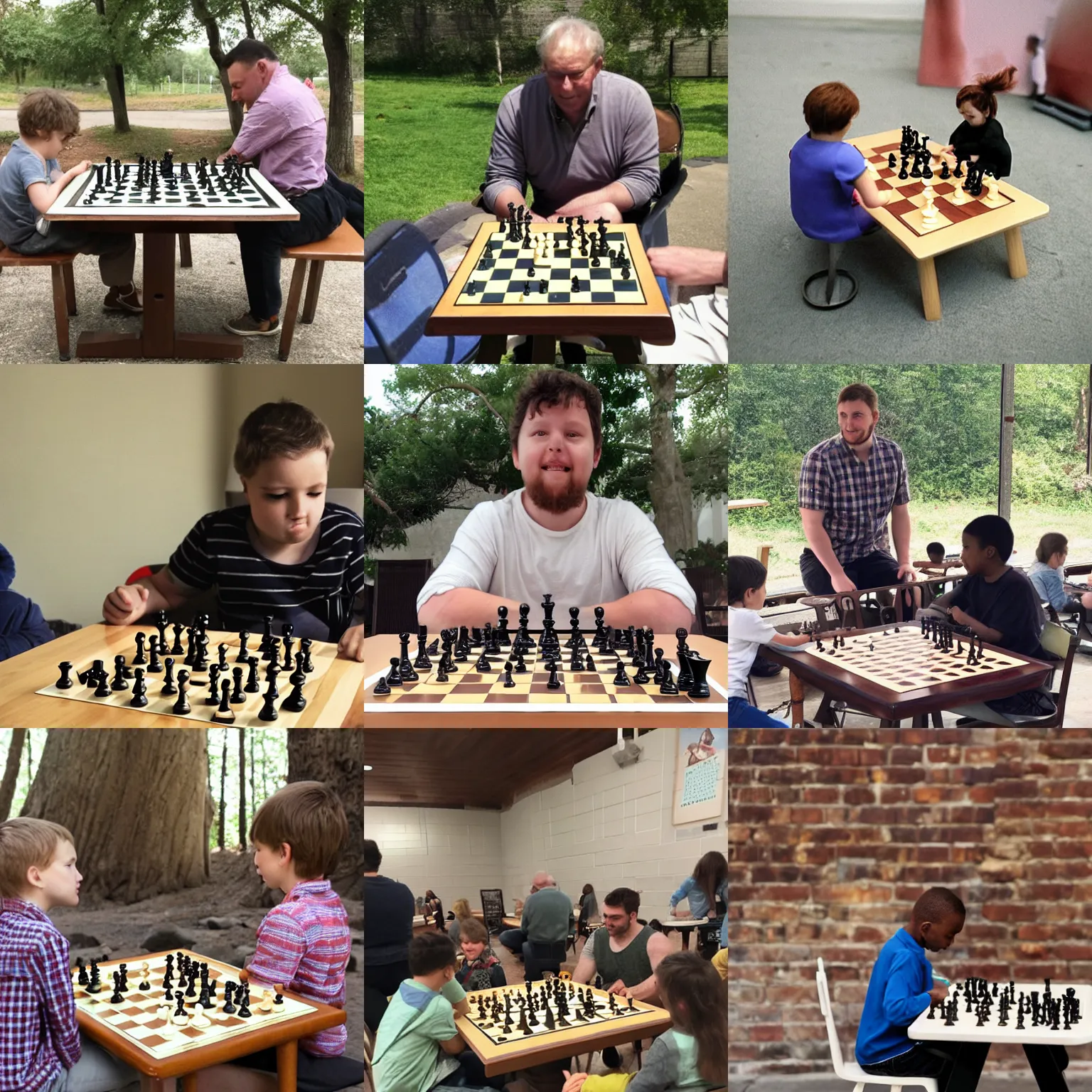 Prompt: Giant sitting at a table, playing chess, surrounded by tiny people