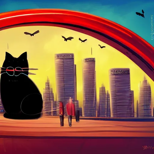 Prompt: a black cat wearing a red coat and glasses sitting atop a hill overlooking a vibrant futuristic city, digital art, detailed