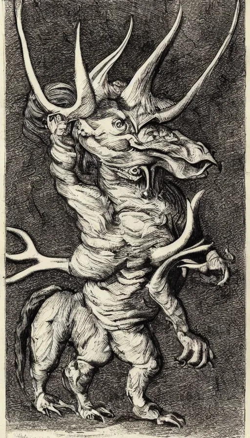 Image similar to a creature with the body and eyes of a man, with the beak of an eagle, the mane of a lion, and the horns of an ox. drawn by francis bacon