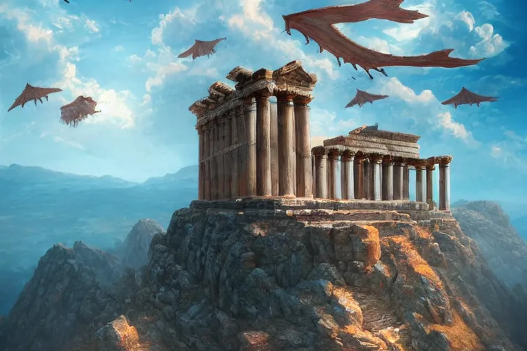 Prompt: highly detailed photorealistic picture of red dragons flying high above an ancient white roman temple perching on top of a mountain rising out of a sea of clouds in a blue sky, seen from above, in the style of marc simonetti, greg rutkowski, artstation, hd, 4 k, award winning digital art