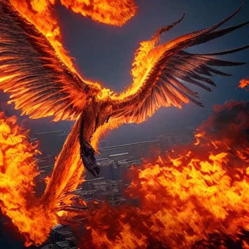 Prompt: photorealistic image of a detailed flaming phoenix wings spread 8 k extremely detailed hd hyperrealism unreal engine