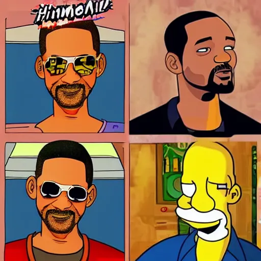 Image similar to Will Smith Will Smith Will Smith cosplay as Homer Simpson, cartoon drawing, detailed digital art, colourful masterpiece beautiful beautiful beautiful