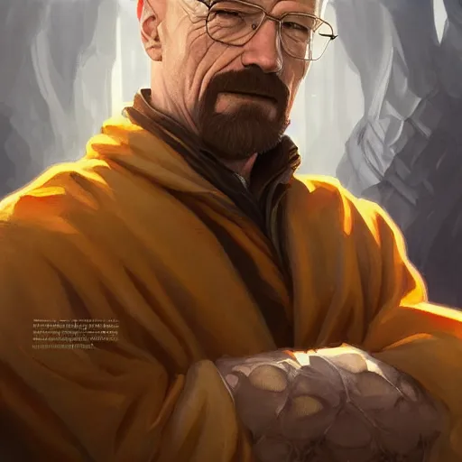 Image similar to walter white, d & d, fantasy, intricate, elegant, highly detailed, digital painting, artstation, concept art, matte, sharp focus, illustration, hearthstone, art by artgerm and greg rutkowski and alphonse mucha