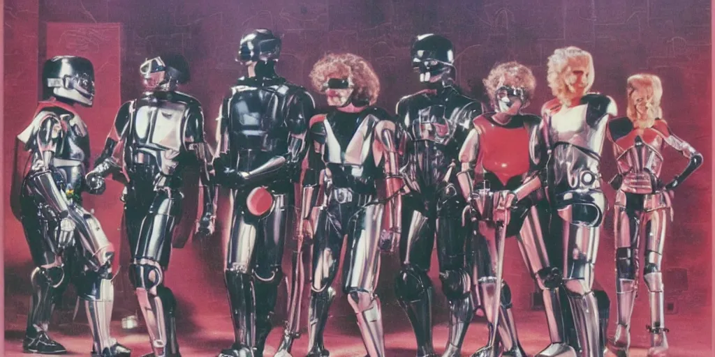 Prompt: cyclops robocop 1980s pop band, 1980s surrealism aesthetic, detailed facial expressions