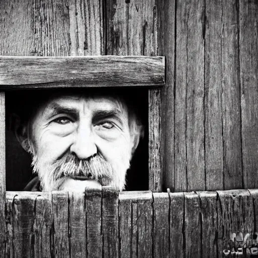 Image similar to hole in an old fence with a hairy old man staring out from the other side, photograph