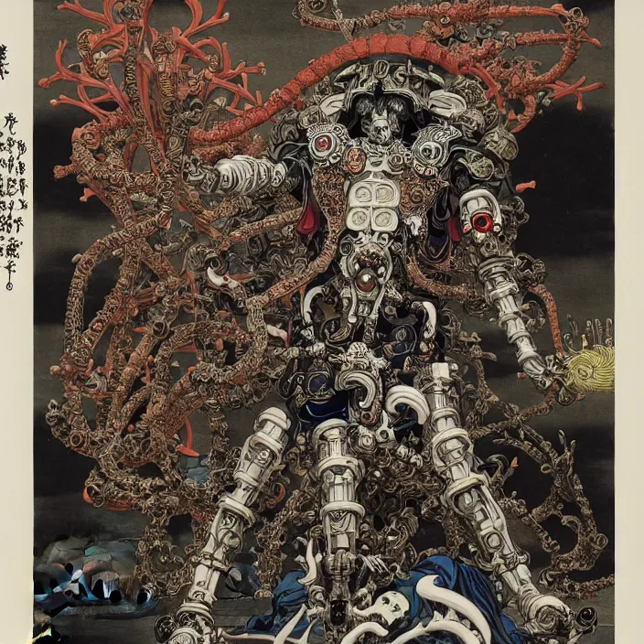 Image similar to still frame from Prometheus by Utagawa Kuniyoshi, lich god Dr doom in ornate bio cybernetic bone armour powered by magic and souls by Wayne Barlowe by peter Mohrbacher by Giger, dressed by Alexander McQueen and by Neri Oxman, metal couture hate couture editorial