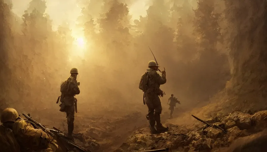 Image similar to beautiful digital painting of a lone survivor, one soldier after his squad killed in action in a trench waiting for the war to end. cinematic lighting and rendering, atmospheric, concept art, high detailed faces, artstation, underpainting by artgerm and greg rutkowski, overpainted by eddie mendoza, post process by ross tran