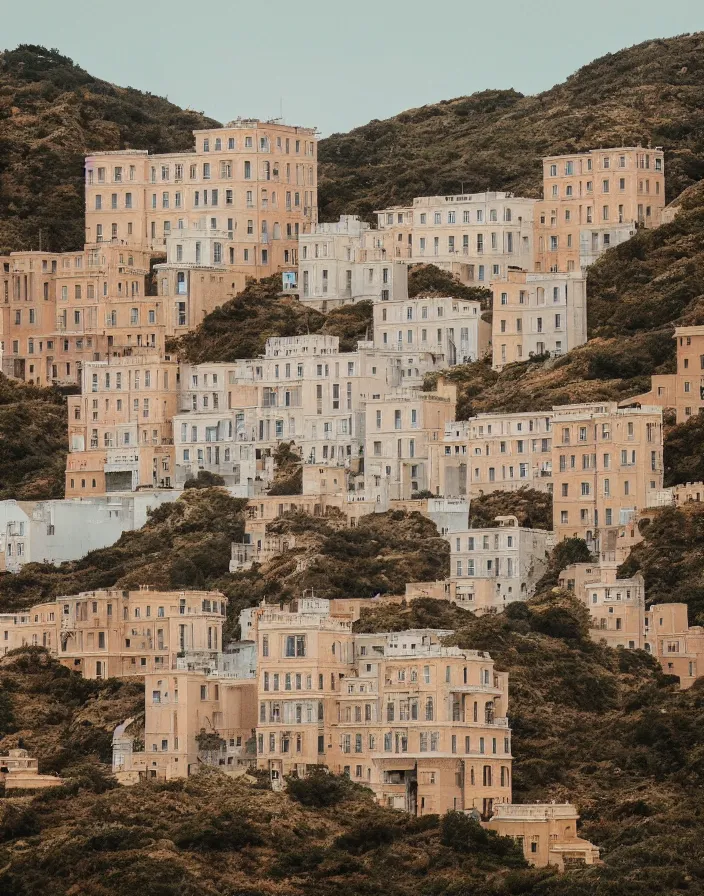 Image similar to a building in a stunning landscape by Wes Anderson