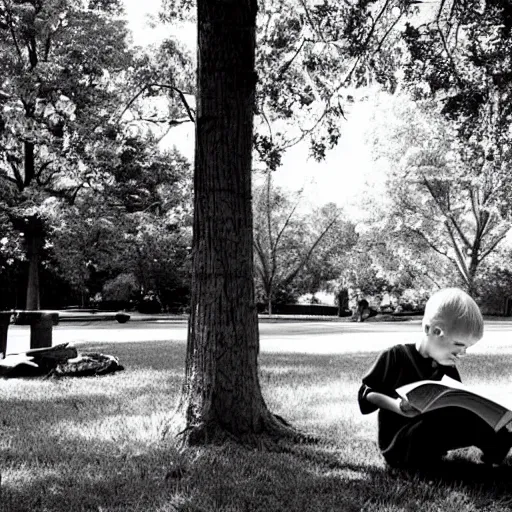 Image similar to a young boy reading a book about nuclear power sat in a public park, a sense of awe, warm dappled light, trees, over the shoulder shot, in the style of norman rockwell