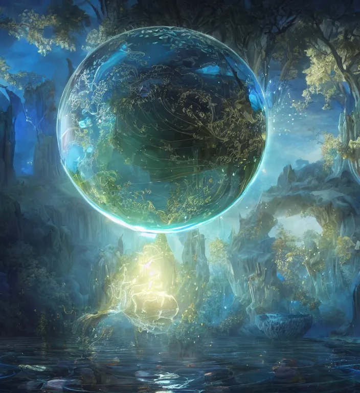 Image similar to a magical and exquisite fantasy illustration of an intricate and faceted crystal ball with a world inside of it + in water + prism + god rays + dramatic lightning + backlit + specular highlights + ambient occlusion + global illumination + bump map + reflective + caustics + refractive + unreal engine 5 + DOF + sharp focus, digital artwork by Peter Mohrbacher and Greg Rutkowski