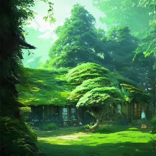Prompt: A studio ghibli forest, a little cottage with solarpanels, solarpunk, green, blue sky, by Greg Rutkowski