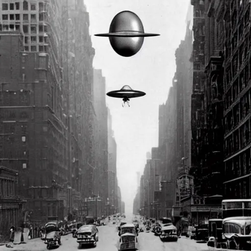 Image similar to photograph of a large flying saucer hovering over a new york city street in 1 9 3 2