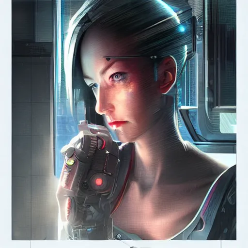 Image similar to portrait of cyberpunk woman looking out of a window, cyberpunk setting, futuristic, highly detailed, intricate lighting, digital painting, sharp focus, illustration, trending on artstation, art by krenz cushart.