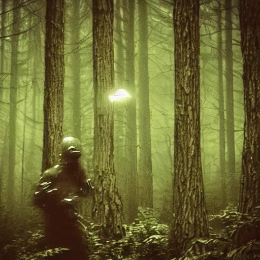 Prompt: grainy surveillance photo still of an alien in the woods at night hiding in the trees of a forest