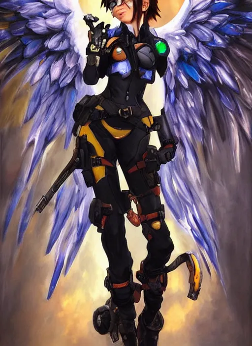 Image similar to full body oil painting of tracer overwatch in the style of sophie anderson, angel wings, black outfit, dramatic painting, wearing steel collar,