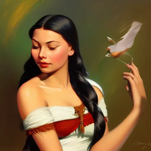 Prompt: portrait of a young pocahontas, bird, idian dress, dreamy and ethereal, expressive pose, peaceful expression, elegant, highly detailed, digital painting, artstation, smooth, sharp focus, by gil elvgren by harry ekham