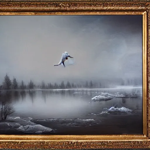 Image similar to ominous bedsheet ghost floating above a frozen lake, oil painting, brush strokes, gloomy foggy atmosphere, symmetrical, full body image, highly ornate intricate details,