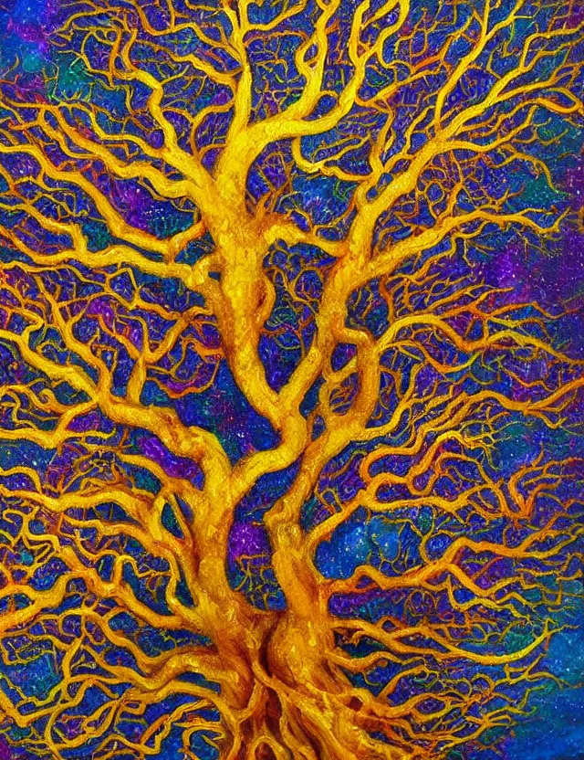 Image similar to tree of knowledge erudite gnostic wisdom, golden boughs and roots, celestial skies and lambent clouds, oil painting award winning, chromatic aberration bright colors