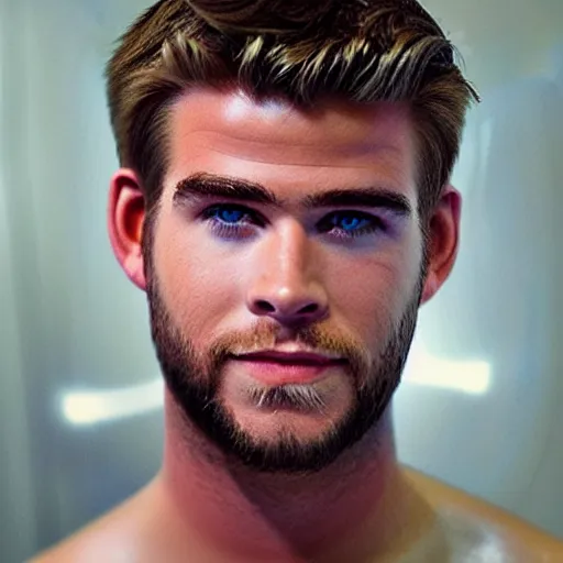 Image similar to “a realistic detailed photo of a guy who is an attractive humanoid who is half robot and half humanoid, who is a male android, actor Liam Hemsworth, shiny skin, posing like a statue, blank stare, at the museum, on display”