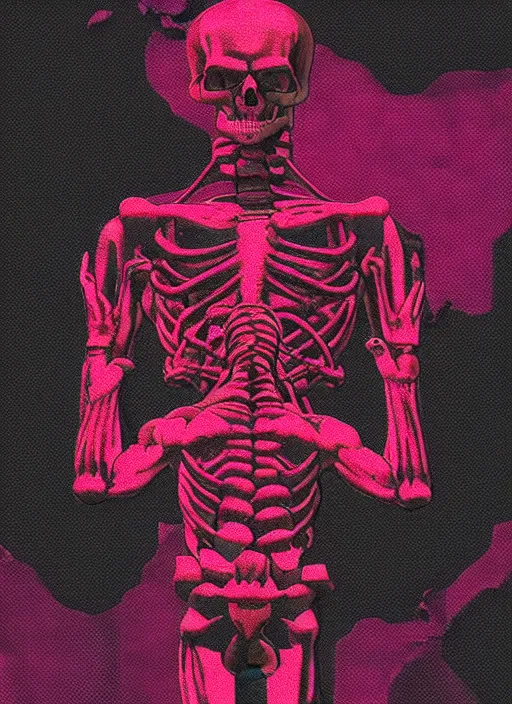 Prompt: black background with red and purple design elements, statue of hercules, ( ( ( skeleton ) ) ), grey, thin lines, dark,, glitch art, neo vaporwave, gritty, movie poster, layout design, trending on artstation