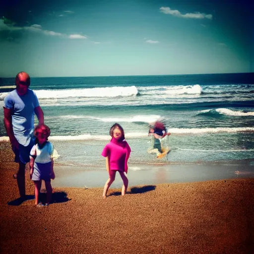 Prompt: a vibrant photograph of a happy family on the beach, wide shot, outdoors, wide - angle lens, soft focus, shot on iphone 6, on flickr in 2 0 0 7