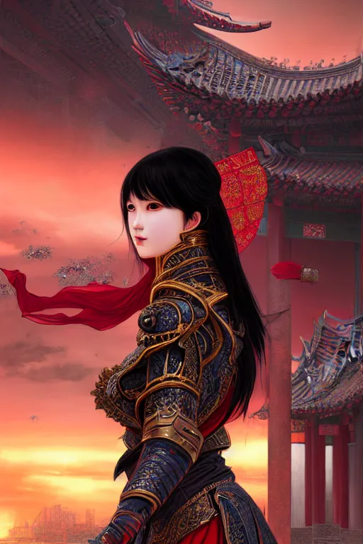 Image similar to portrait black hair young knights of Dynasty Warriors girl, metallic red armor, in ruin chinese temple rooftop sunset, ssci-fi and fantasy, intricate and very beautiful and elegant, highly detailed, digital painting, soft light, artstation, concept art, smooth and sharp focus, illustration, art by tian zi and WLOP and alphonse mucha