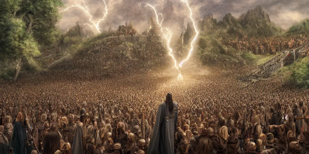 Image similar to Aragorn being crowned king under the white tree of Minas Tirith with a crowd of elves, lord of the rings, godrays, detailed painting, bloom, artstation