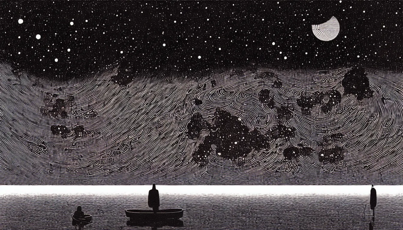 Prompt: standing in a lake looking at reflection of the night sky by woodblock print, nicolas delort, moebius, victo ngai, josan gonzalez, kilian eng