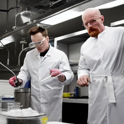 Image similar to elon musk and walter white cooking meth in a laboratory, amazing detail, detailed faces, sharp, 8k