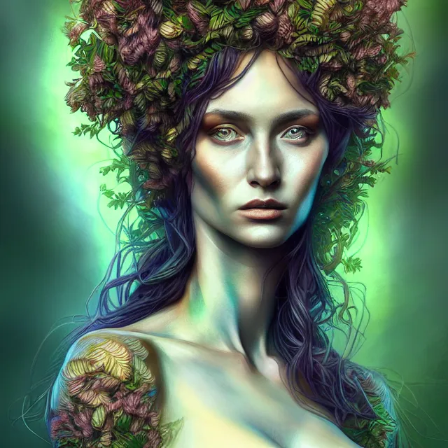 Prompt: portrait, attractive mutant dryad, digital tempera and pastels, dramatic lighting, extremely high detail, pen and ink, intricate illustration, by stephen bradbury, artstation, wlop, pixiv