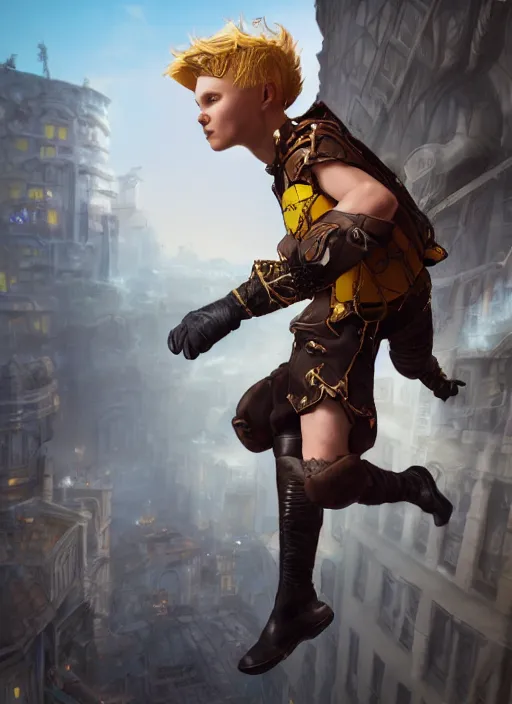 Image similar to An epic fantasy comic book style portrait painting of a young blonde boy thief flying out of a steampunk city, unreal 5, DAZ, hyperrealistic, octane render, cosplay, RPG portrait, dynamic lighting