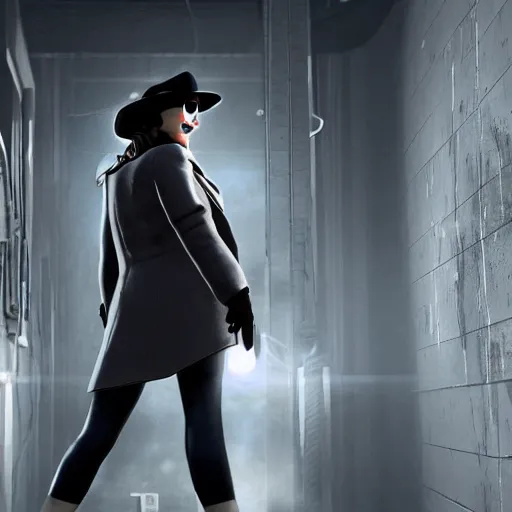 Prompt: noir female detective in a gray coat, hat and black glasses leans against the wall and lights up, fallout 4 5
