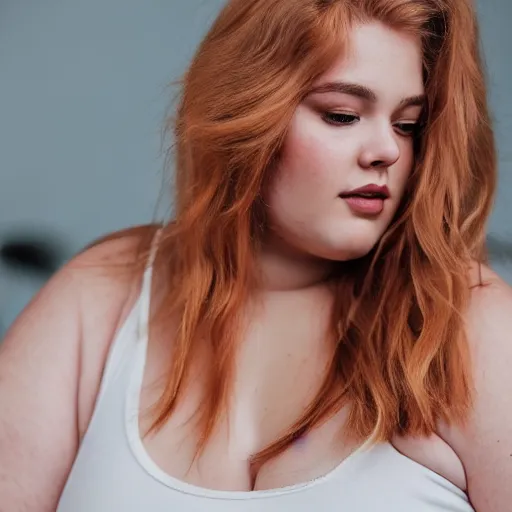 Image similar to a portrait photograph of a curvy, radiant, bubbly, 2 5 - year - old canadian plus - size model, strawberry - blond hair, creamy skin, portrait canon 8 5 mm f 1. 2 photograph head and shoulders portrait