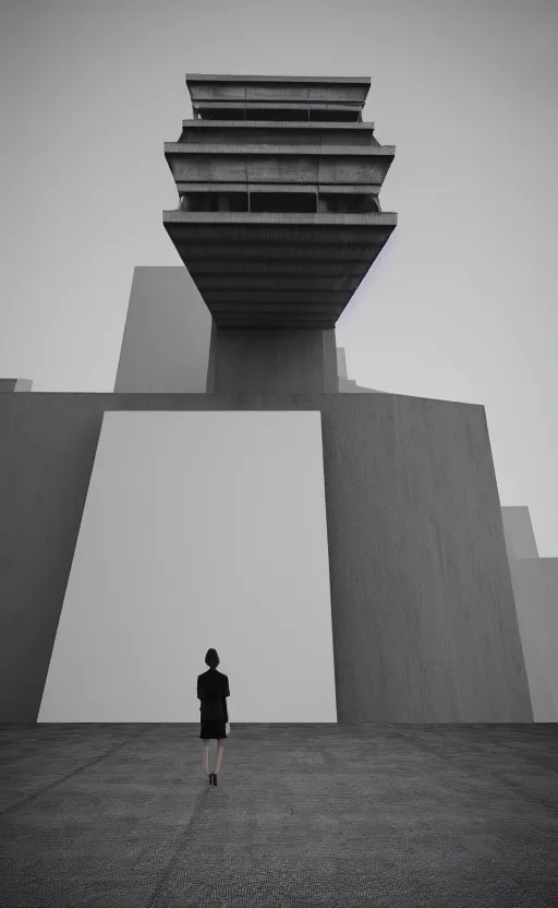 Image similar to brutalist architechture, Japanese minimalism, shadowplay, a person, grey tones, vegetation creeping in, surreal, depth, 3D model, ultra sharp, height perspective, depth, 8k, futuristic, textured