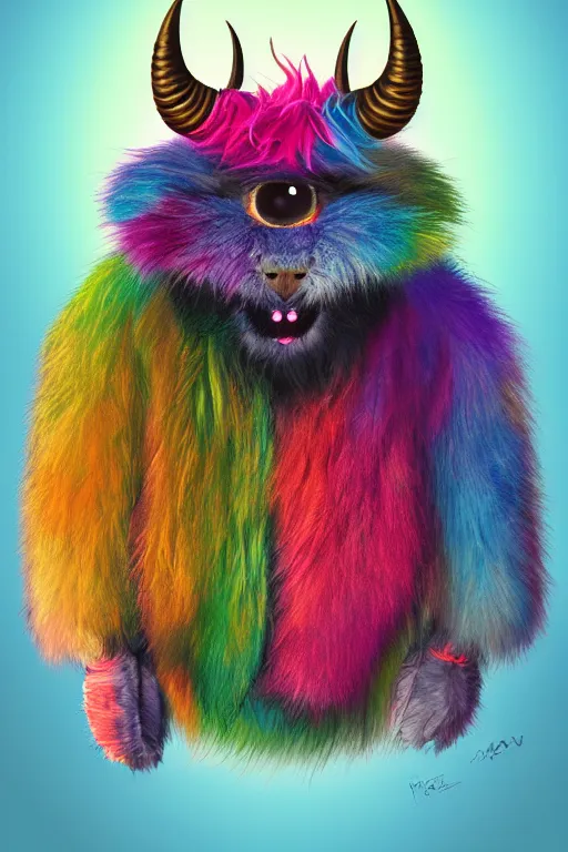 Prompt: a multicolored furry monster with fuzzy horns, a character portrait by jim henson, digital illustration, photorealistic, behance contest winner, behance hd, vibrant, dark rainbow colored fur, colorful, centered, matte background