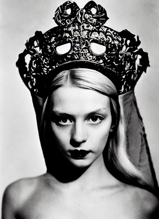 Prompt: young blonde woman in renaissance dress and renaissance headdress, photograph by helmut newton