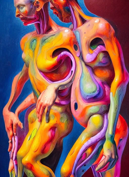 Prompt: a strange, biomorphic painting of two humanoid figures entwined, in vibrant colours in the style of jenny saville, in the style of charlie immer, highly detailed, emotionally evoking, volumetric lighting, oil painting, timeless disturbing masterpiece