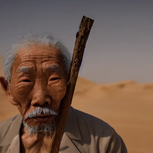 Prompt: mysterious floating old asian man with beard, full face silver occult mask, glowing eyes, wearing a great fractal wooden stick, smoke around him, in the dry rock desert, cinematic shot, wide angle, desert background, volumetric lighting, award winning photography, 8k, in the style of David Lynch, Alejandro Jodorowsky and Gaspar Noe