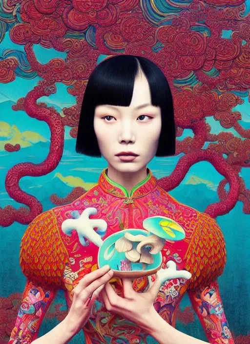 Image similar to pretty chinese model with hallucination mushroom : : by martine johanna and simon stalenhag and chie yoshii and casey weldon and wlop : : ornate, dynamic, particulate, rich colors, intricate, elegant, highly detailed, centered, vogue, harper's bazaar art, fashion magazine, smooth, sharp focus, octane render, 8 k