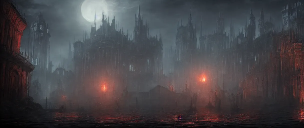 Image similar to large floating islands, concept art, digital painting, in the style of Bloodborne, dark souls, demon souls, mega city, dark, night time, volumetric lighting, large scale, high detail, trending on artstation