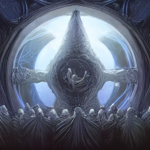 Prompt: a cylindrical quantum computer surrounded by a dark cabal of hooded elven mystics with long robes gathered in a circular formation, michael whelan art, dan seagrave art, cgsociety, artstation, epic scifi fantasy art