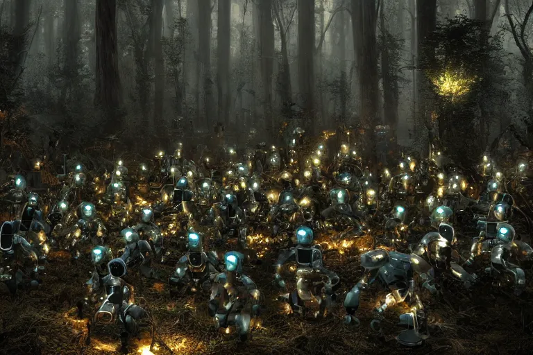 Image similar to 1 0 0 0 0 robots fighting in the forest, hyper realistic, ambient lighting, concept art, intricate, hyper detailed, smooth, dynamic volumetric lighting, octane, raytrace, cinematic, high quality, high resolution, 4 k, h. r. giger